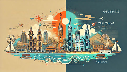 A poster showing the tranformation of nha trang from acient to modern beach city.