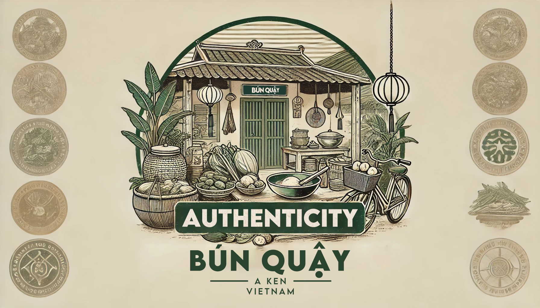 "A traditional Vietnamese house showcasing various ingredients. A sign reads 'Authenticity Bun Quay A Ken Vietnam,' highlighting the traditional and authentic nature of the dish."