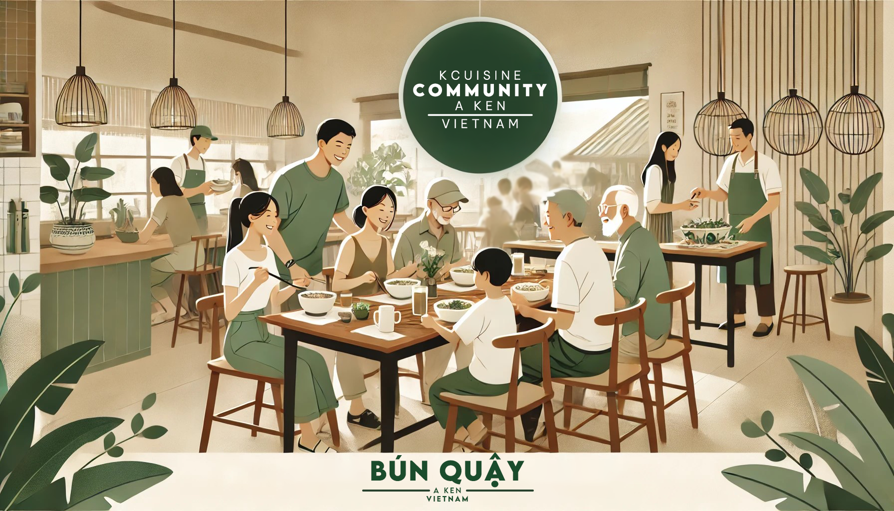 "A lively scene of families and friends enjoying a meal together. A sign reads 'Community Bun Quay A Ken Vietnam KCuisine,' emphasizing the communal and welcoming atmosphere."