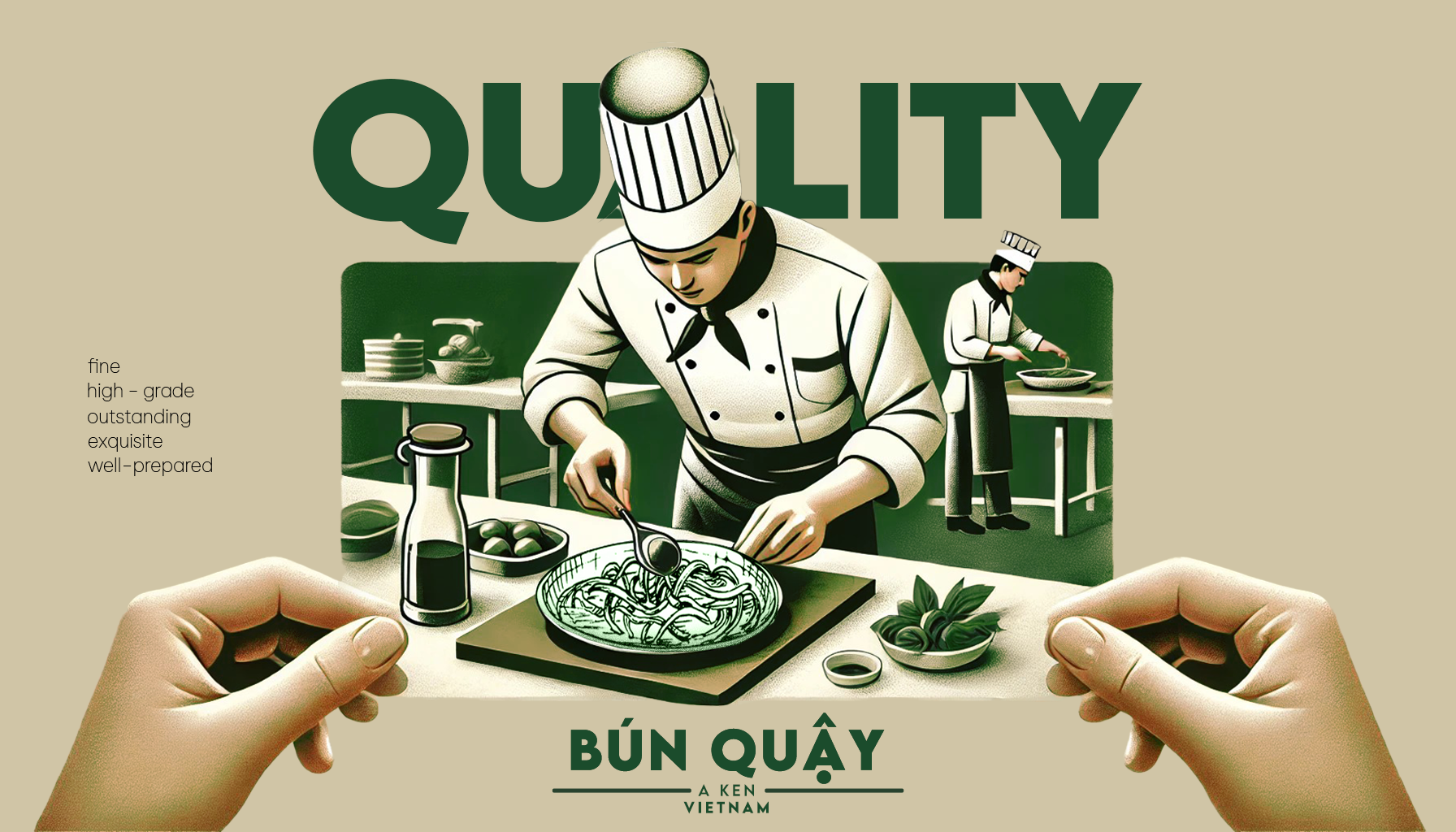 "A chef cooking with focused attention. 'Bun Quay A Ken Mission Quality,' highlighting the commitment to quality and excellence in preparing the authentic Bun Quay dishes."