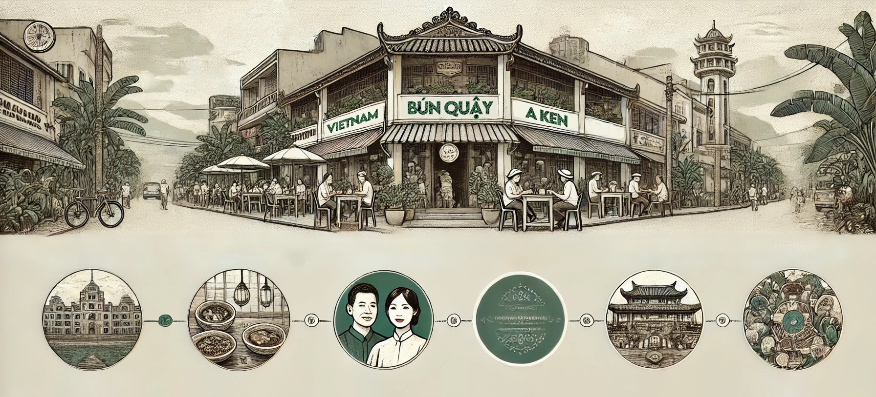 "An old building with the sign 'Bun Quay A Ken' displayed on it. People are seated at tables along the street, enjoying their meals. The photo is related to the history of Bun Quay, capturing a nostalgic moment with the traditional setting."