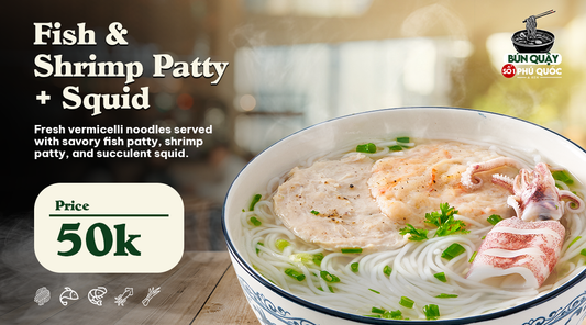 A delicious bowl of Bun Quay featuring a savory combination of fish patty, shrimp patty, and tender squid in a rich, aromatic broth. The dish is topped with fresh herbs and served with lime and chili on the side, priced at 50K VND.