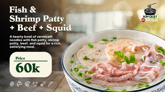 A flavorful bowl of Bun Quay with a hearty mix of fish patty, shrimp patty, tender beef slices, and succulent squid, all served in a fragrant broth. The dish is garnished with fresh herbs and accompanied by lime and chili, priced at 60K VND.